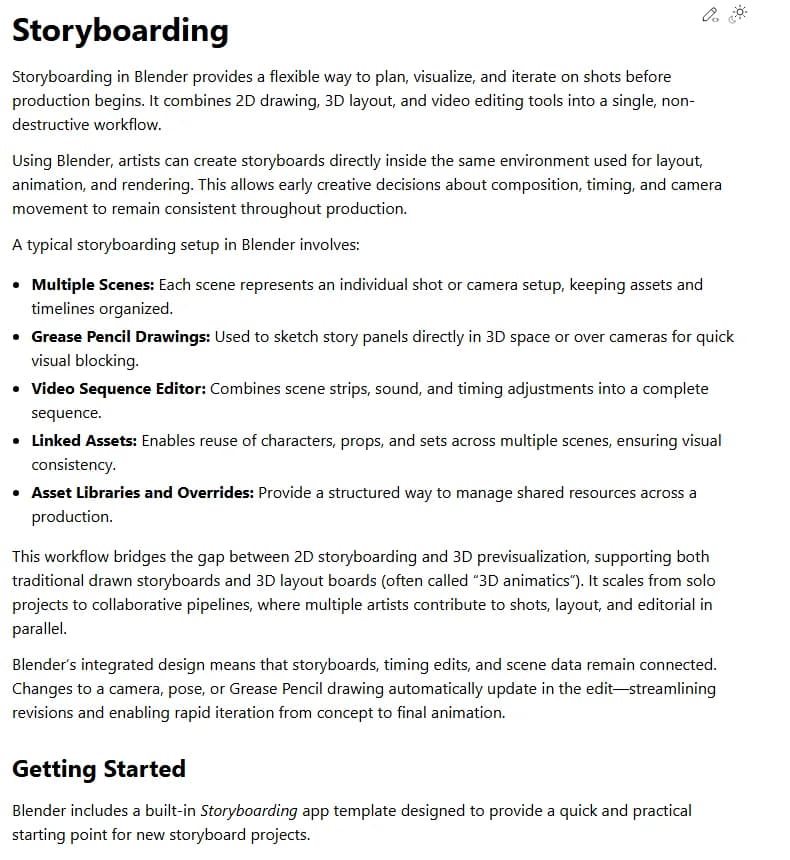 Blender manual page on storyboarding, describing multiple scenes per shot, Grease Pencil drawings sketched directly in 3D space, the Video Sequence Editor for timing, and 3D layout boards called 3D animatics