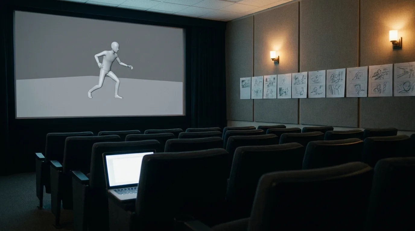A small animation studio review theatre at midday, the screen showing an untextured grey 3D character frozen mid-pose, printed storyboard panels pinned to the acoustic wall beside the screen and a laptop glowing on a front-row armrest, cinematic still