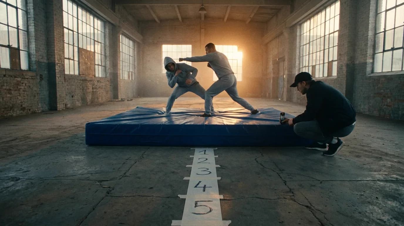 Two stunt performers in grey training clothes rehearse a fight on a blue crash mat in a brick warehouse at sunset while a coordinator crouches at the edge filming them on a phone, with numbered beats taped on the concrete floor, cinematic still
