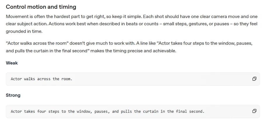 OpenAI's Sora 2 prompting guide, Control motion and timing section, advising one clear camera move and one clear subject action per shot and describing actions in beats or counts, with a weak example "Actor walks across the room" and a strong example "Actor takes four steps to the window, pauses, and pulls the curtain in the final second"