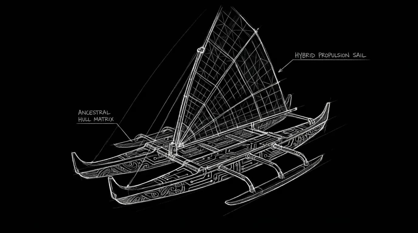 Afrofuturism/Indigenous futurism: tradition and future in one; dark mode technical sketch