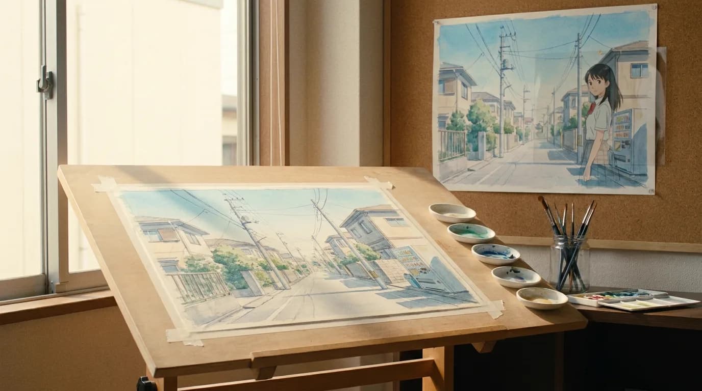 A background painting station in a Japanese animation studio at mid-morning, a watercolour of a suburban street taped to a tilted drawing board beside dishes of paint, the same painting pinned to the wall behind with a flat character layer over it, cinematic still