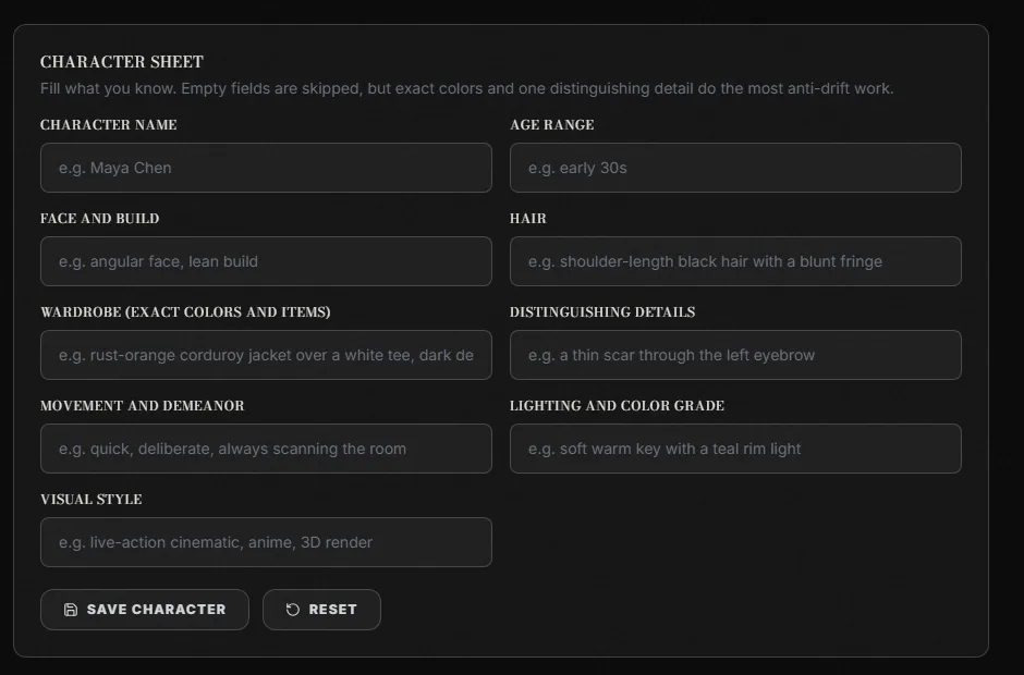 The ScreenWeaver character sheet form with fields for character name, age range, face and build, hair, wardrobe in exact colours, distinguishing details, movement and demeanor, lighting and colour grade, and visual style