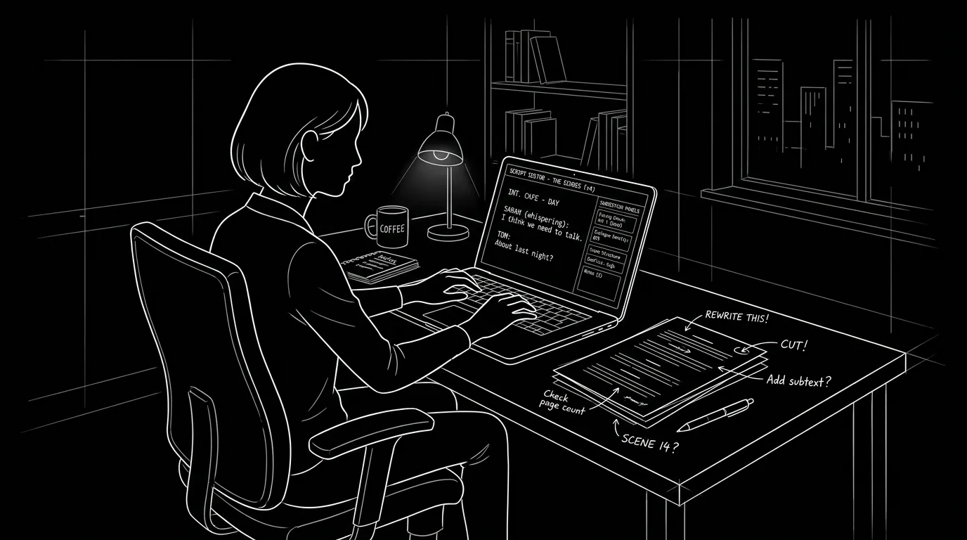 A writer at a desk reviewing AI suggestions on screen; dark mode technical sketch, thin white lines on black background