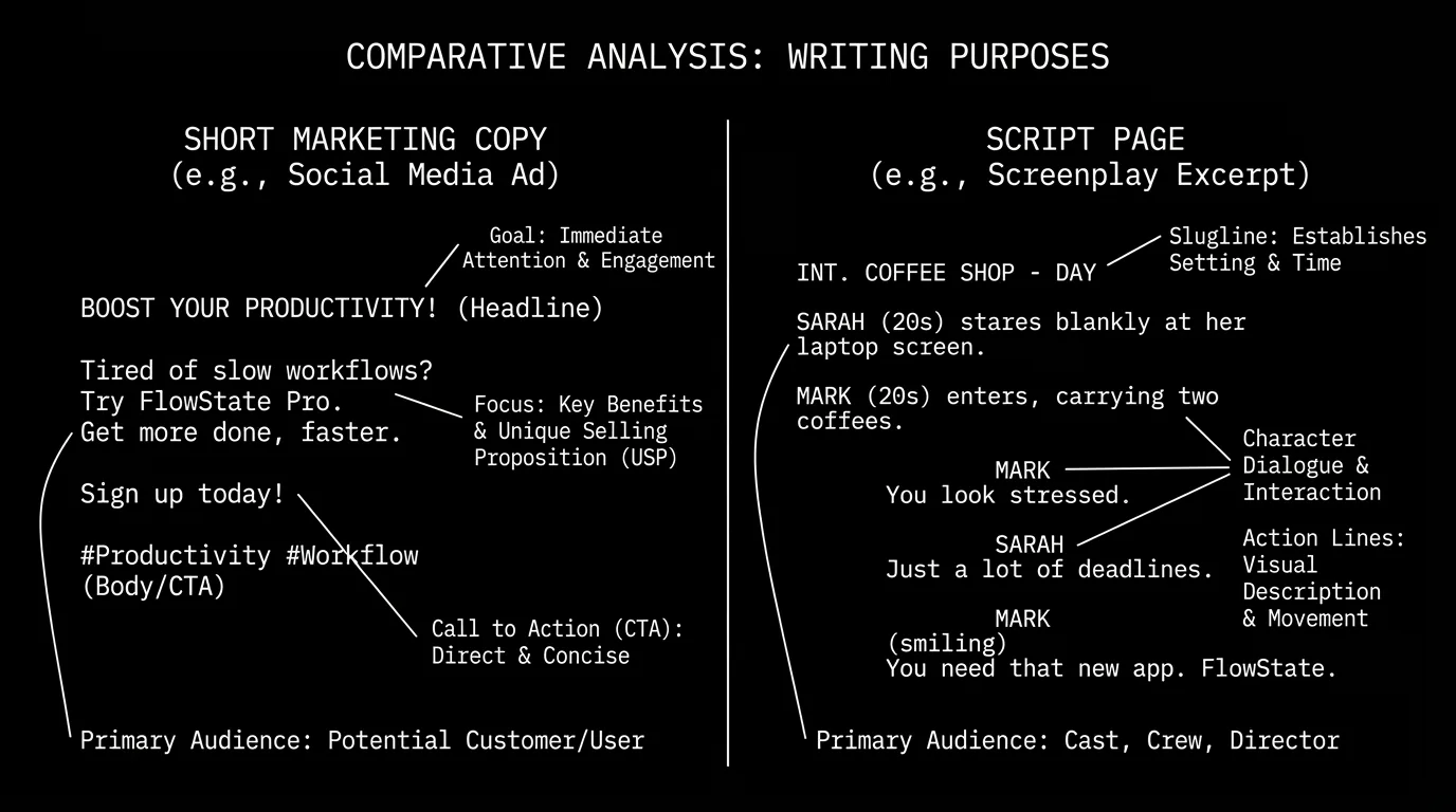 A split comparison showing marketing text on one side and screenplay text on the other; dark mode technical sketch, thin white lines, black background
