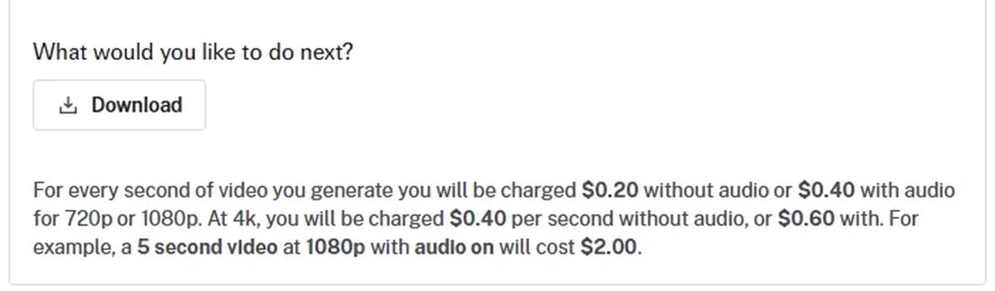 fal.ai's per-second pricing note for Veo 3.1, stating $0.20 per second without audio and $0.40 with audio at 720p or 1080p, $0.40 and $0.60 at 4k, and a $2.00 example for a five second 1080p clip with audio