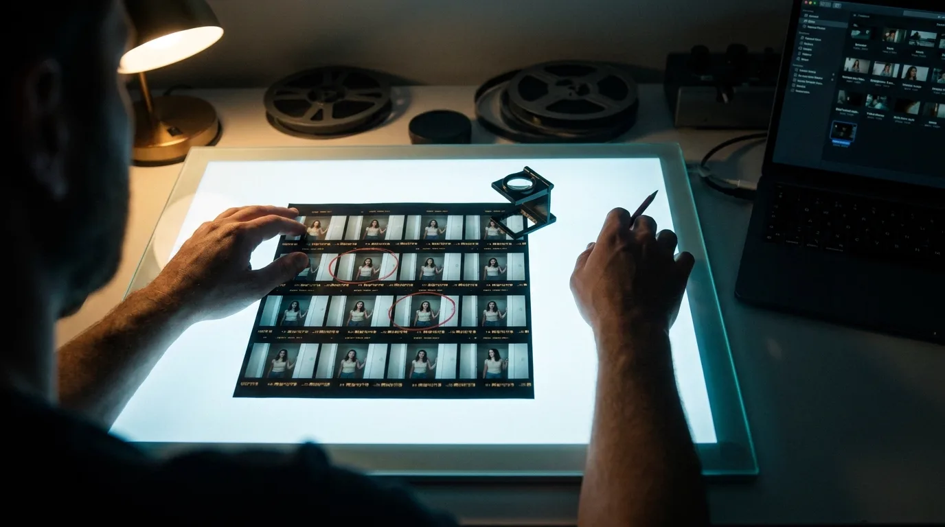 An editor seen from behind leaning over a glowing glass light table at night, a printed contact sheet of nearly identical frames laid flat on it with two frames circled in red chinagraph pencil, a loupe on the sheet and a laptop showing a dim grid of clips, cinematic still