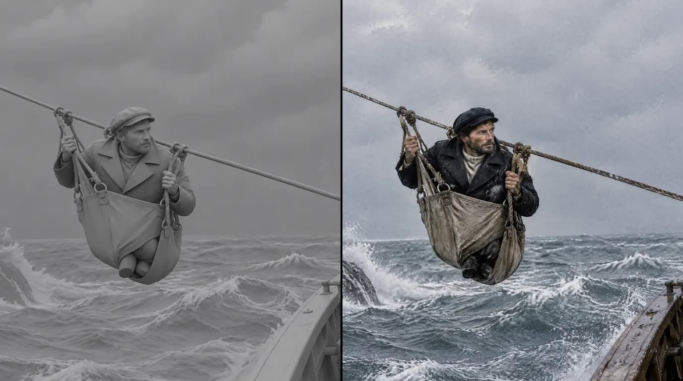 A grey storyboard frame next to the final AI-generated shot of the same reconstruction: a lighthouse keeper crossing above the swell in a breeches buoy