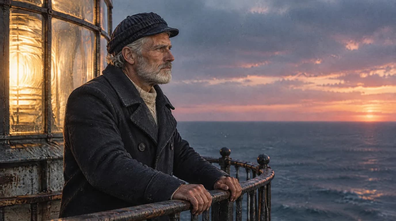 An old lighthouse keeper with a white beard on the lantern gallery at dusk, a shot from an AI documentary reconstruction waiting for its narration