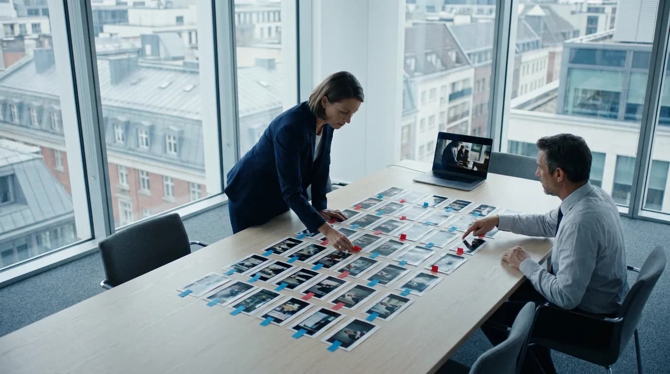 A bright corner room in a law office at mid morning, a printed grid of forty film frames laid flat across a long pale wood table with small blue and red tabs on them, a woman in a navy blazer leaning over placing a tab while a seated colleague points at another row, cinematic still