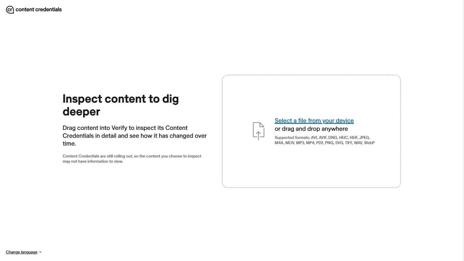 The Content Credentials Verify tool, an inspection page that reads the provenance metadata embedded in a file, listing supported formats including MP4, MOV, AVI, PNG, JPEG and WebP