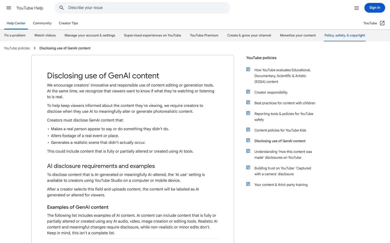 YouTube's help page titled Disclosing use of GenAI content, listing the three cases requiring disclosure: makes a real person appear to say or do something they did not, alters footage of a real event or place, generates a realistic scene that did not occur