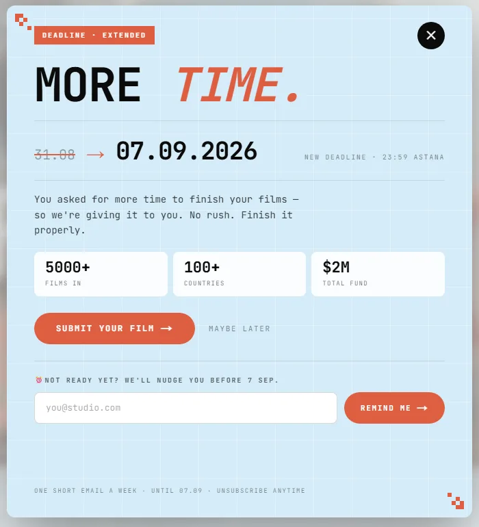 The Astana AI Film Festival deadline card showing the extended deadline of 07.09.2026, with counters reading 5000+ films in, 100+ countries and $2M total fund