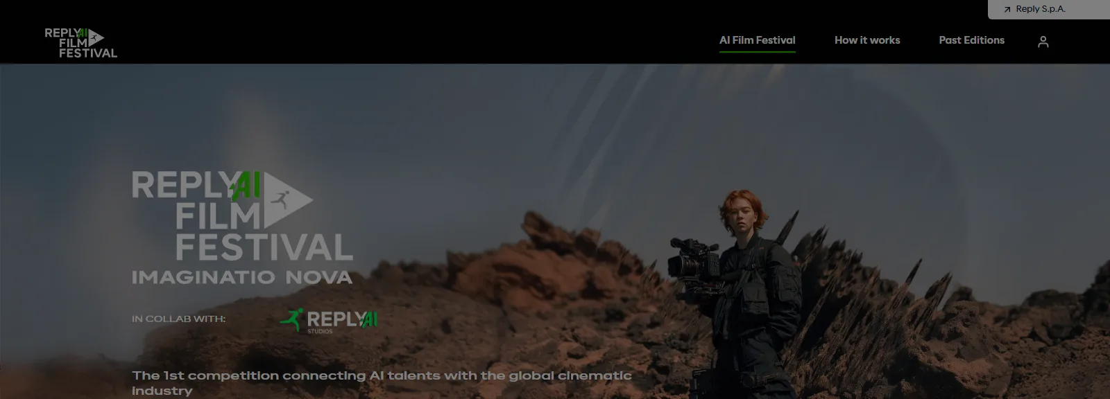 The Reply AI Film Festival homepage, subtitled Imaginatio Nova, describing the first competition connecting AI talents with the global cinematic industry, over a still of a filmmaker with a camera in a rocky landscape
