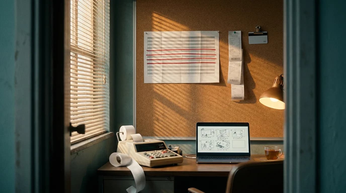 A one-person film production office seen from the doorway, a cork wall with a printed budget spreadsheet whose rows are struck through in red marker beside a pinned receipt, a paper-tape adding machine spilling its roll onto the desk next to a laptop showing storyboard sketches, amber light through venetian blinds, cinematic still