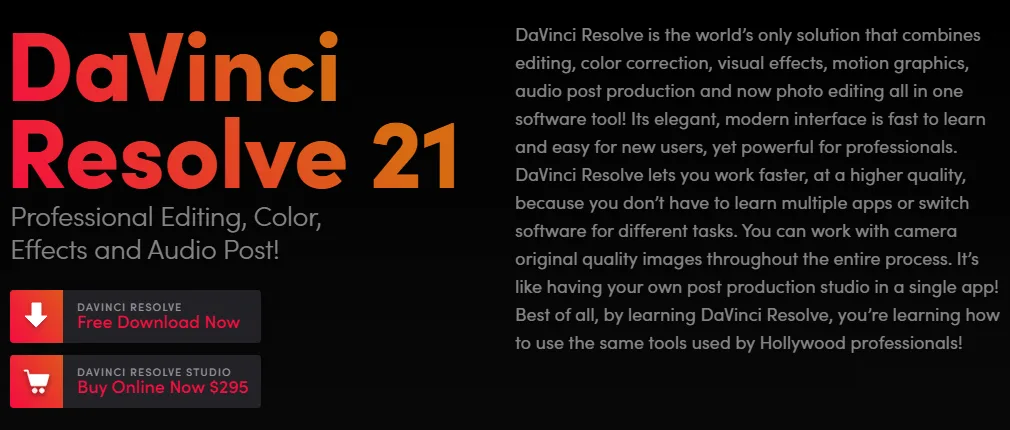 The DaVinci Resolve 21 product page header with two buttons, a free download of DaVinci Resolve and DaVinci Resolve Studio for $295