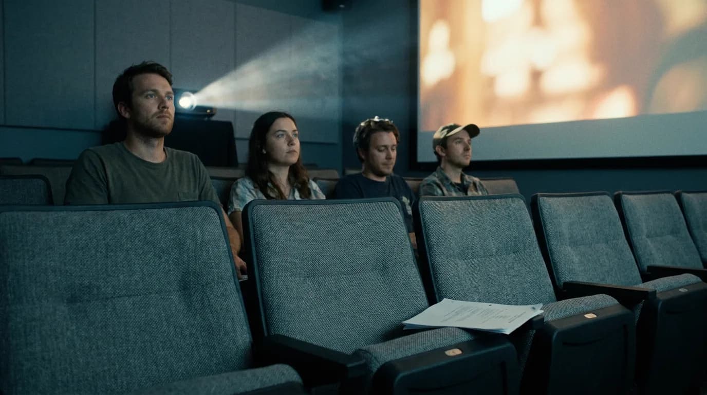 Four crew members seated across two rows of grey fabric seats in a small studio screening room at mid-morning, a projector beam cutting through faint haze toward a bright out-of-focus frame, a stapled handout left on an empty armrest, cinematic still