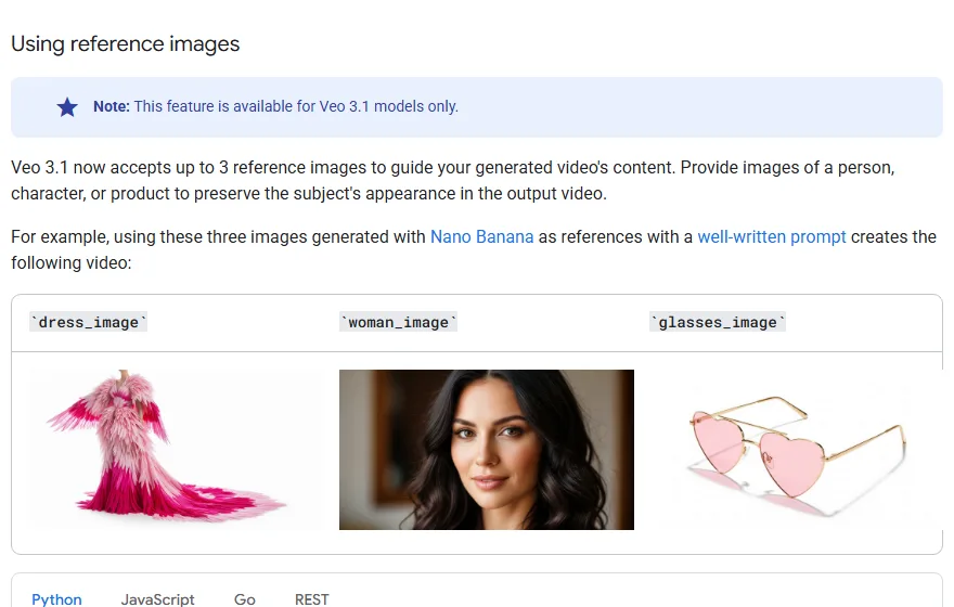 Google's Veo 3.1 documentation section on reference images, stating the model accepts up to three and showing dress, woman and glasses reference assets
