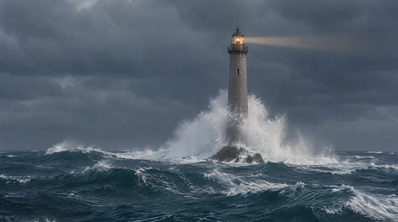 A storm-lashed granite lighthouse in the open sea at night, the opening shot of an AI history documentary reconstruction
