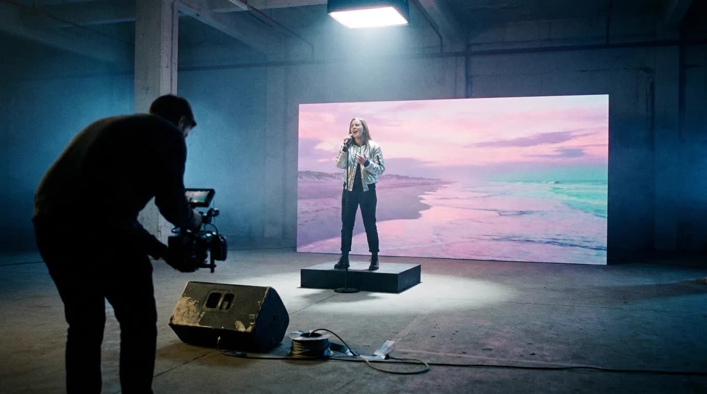 A singer lip-syncing on a small riser in a converted warehouse at night, a tall LED wall behind her playing a generated dreamlike coastline, one camera operator and a playback speaker on the concrete floor, cinematic still