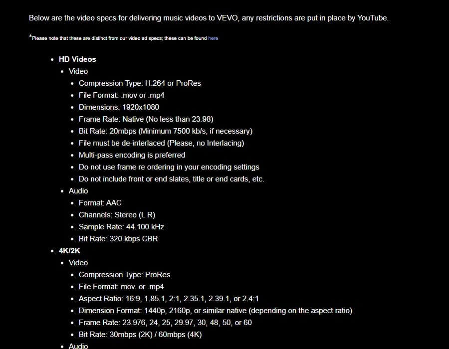 Vevo's music video delivery specs page listing HD requirements, H.264 or ProRes, 1920x1080, native frame rate no less than 23.98, 20 Mbps, AAC stereo at 44.1 kHz and 320 kbps, and 4K and 2K requirements in ProRes