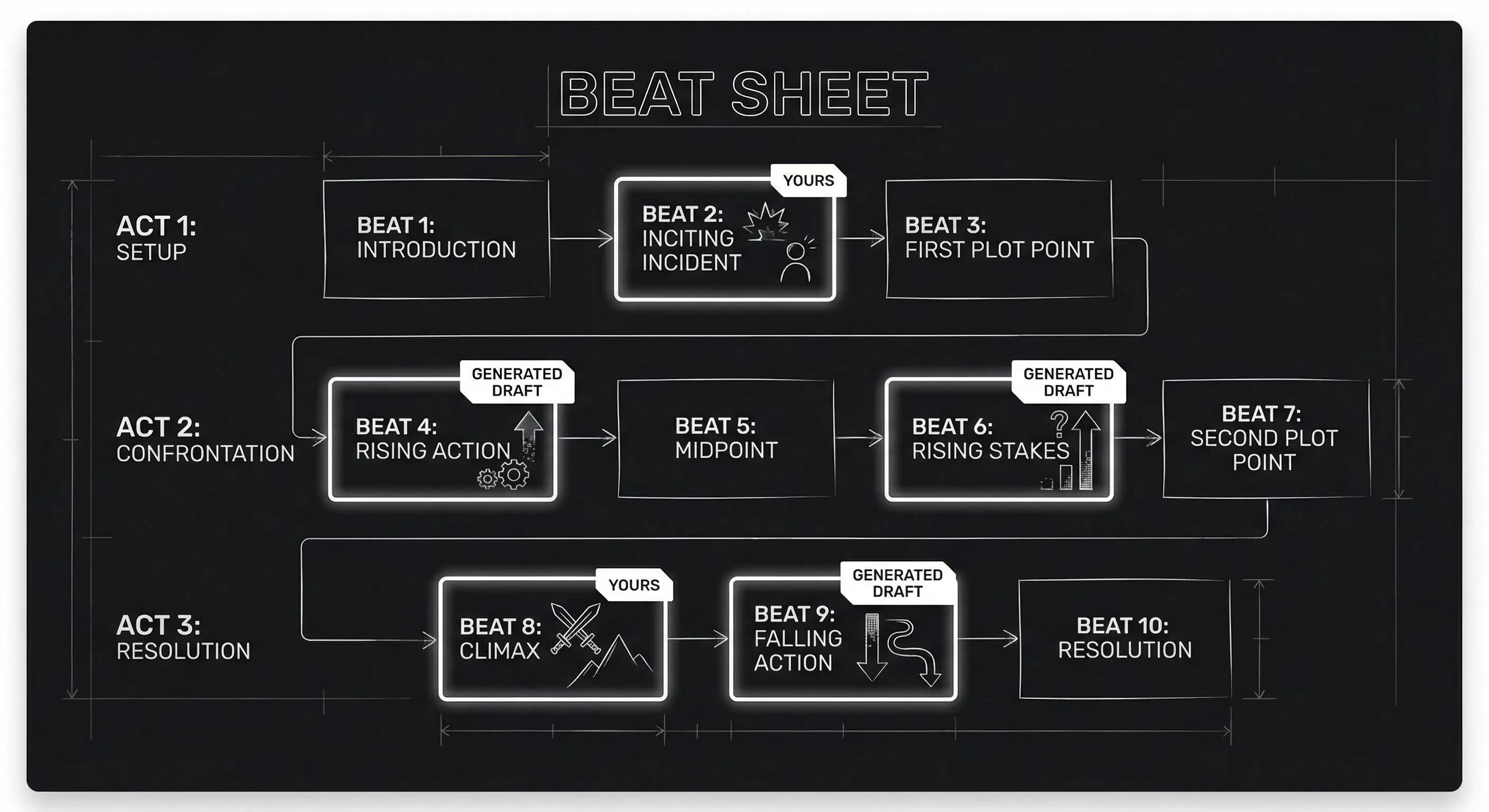 Prompt: Dark Mode Technical Sketch, beat sheet with a few beats highlighted as "yours" and a few as "generated draft," clean thin white lines on black --ar 16:9
