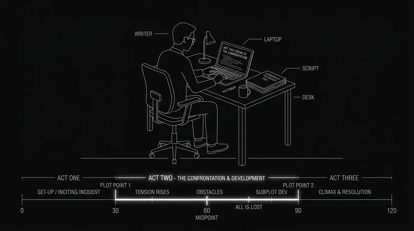 Prompt: Dark Mode Technical Sketch, writer at desk with script and a second-act section highlighted on a timeline, thin white lines on black, minimalist --ar 16:9