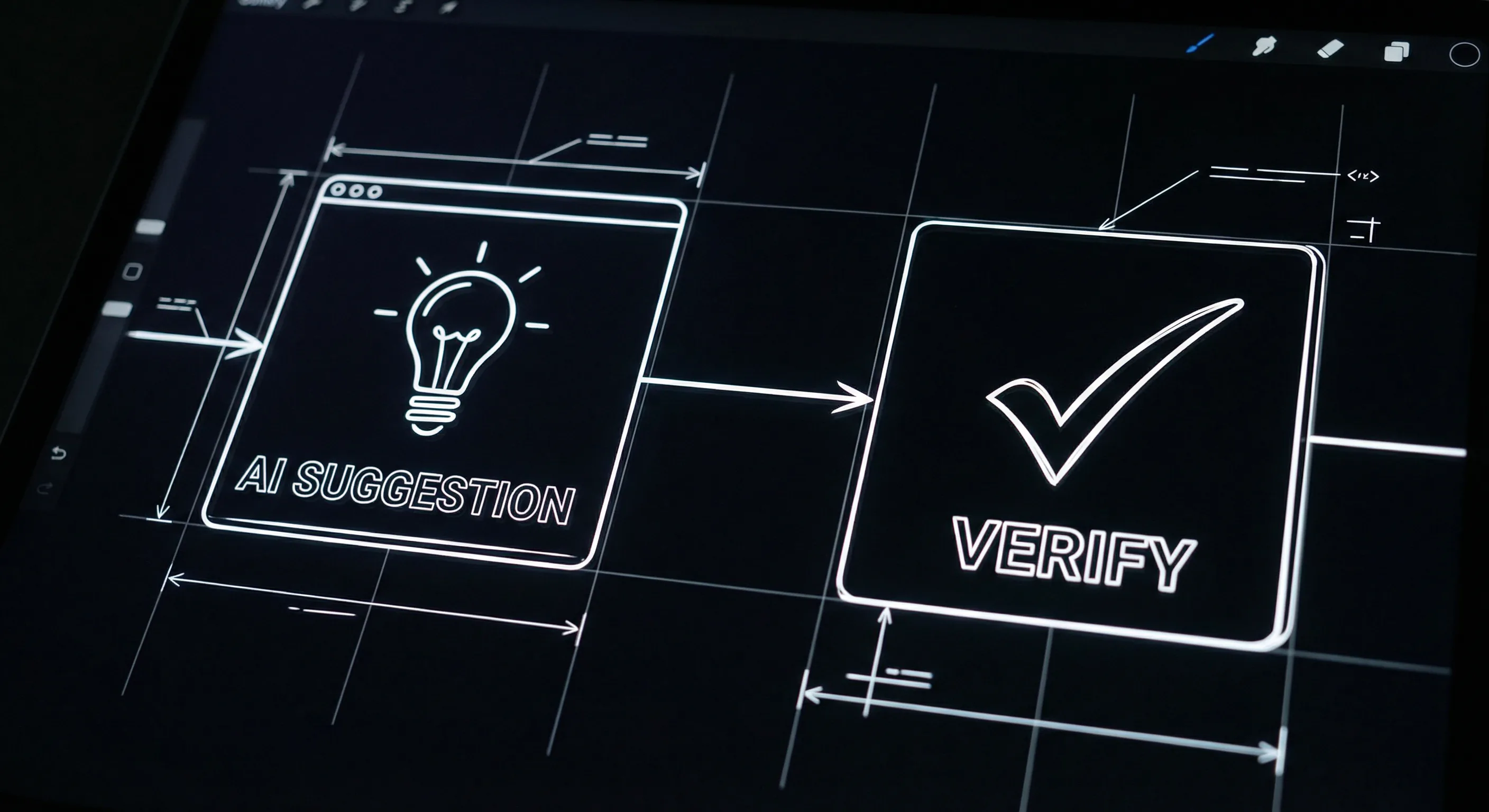 Prompt: Dark Mode Technical Sketch, "AI suggestion" and "Verify" with a checkmark; clean white lines on black --ar 16:9