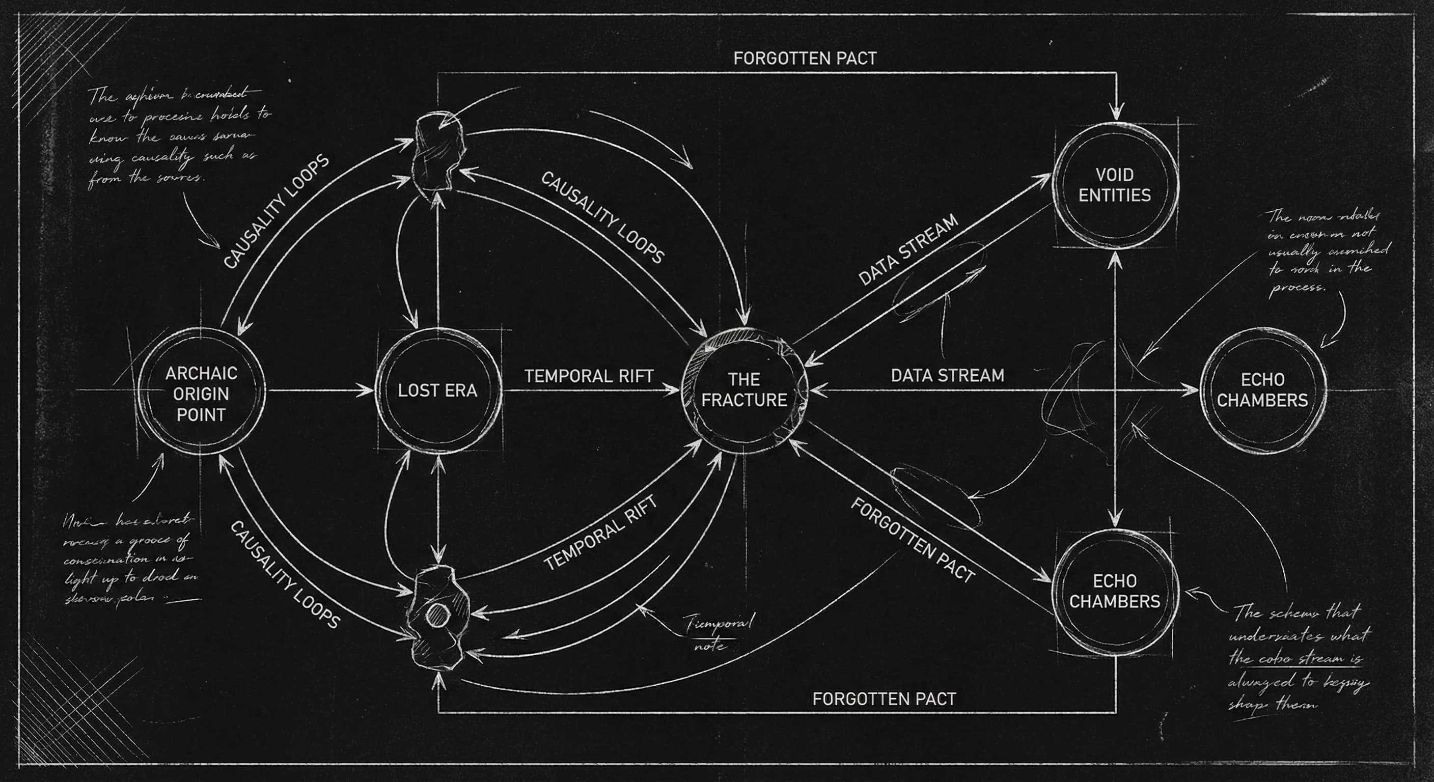 Map or schema of lore and facts; dark mode technical sketch