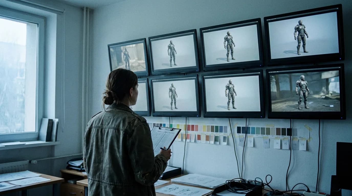 A series continuity station in a production office on an overcast morning, eight wall monitors each frozen on the same armoured character from a different episode, a supervisor holding a ticked continuity log, cinematic still