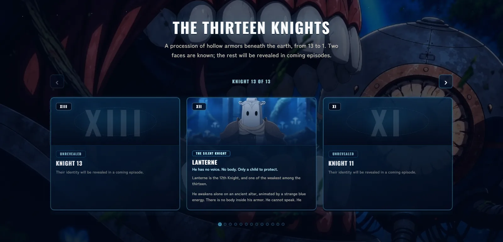 The Thirteen Knights section of the Lost Garden site, a carousel reading Knight 13 of 13 with cards for Knight 13 and Knight 11 marked unrevealed and a card for Lanterne, the Silent Knight, described as the 12th Knight