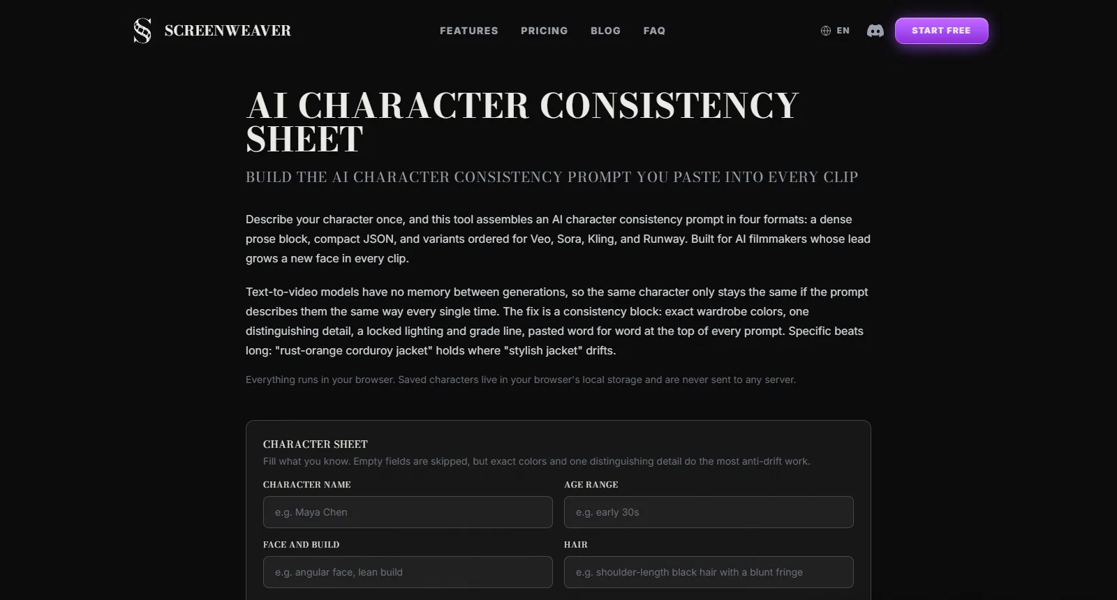 The ScreenWeaver AI character consistency sheet tool page