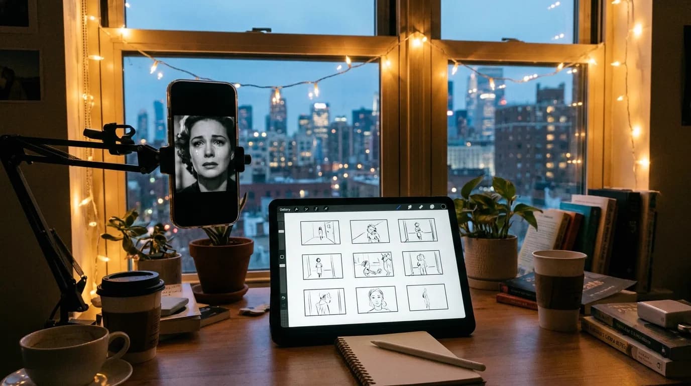 A small apartment desk at dusk with a smartphone mounted vertically on a monitor arm showing a generated black-and-white close-up of a tearful actress, a tablet beside it displaying a grid of vertical storyboard frames, string lights and a city skyline in the window, cinematic still
