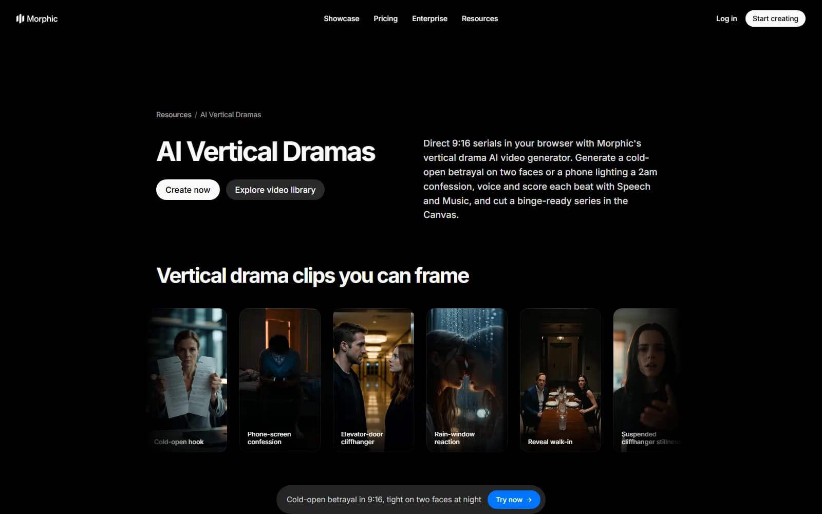 Morphic's AI Vertical Dramas page with a row of sample 9:16 clips labelled cold-open hook, phone-screen confession, elevator-door cliffhanger, rain-window reaction and reveal walk-in