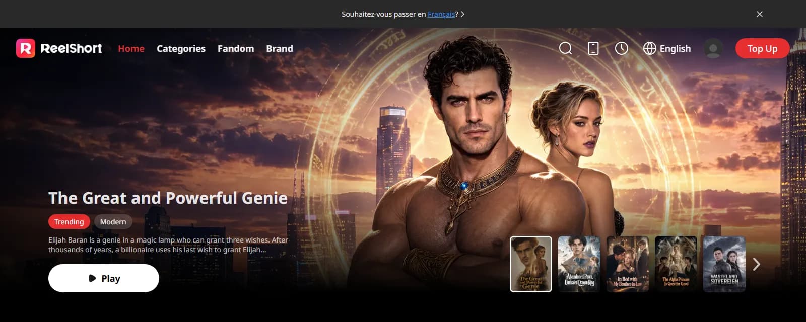 ReelShort's home page with the trending series The Great and Powerful Genie and a row of series thumbnails