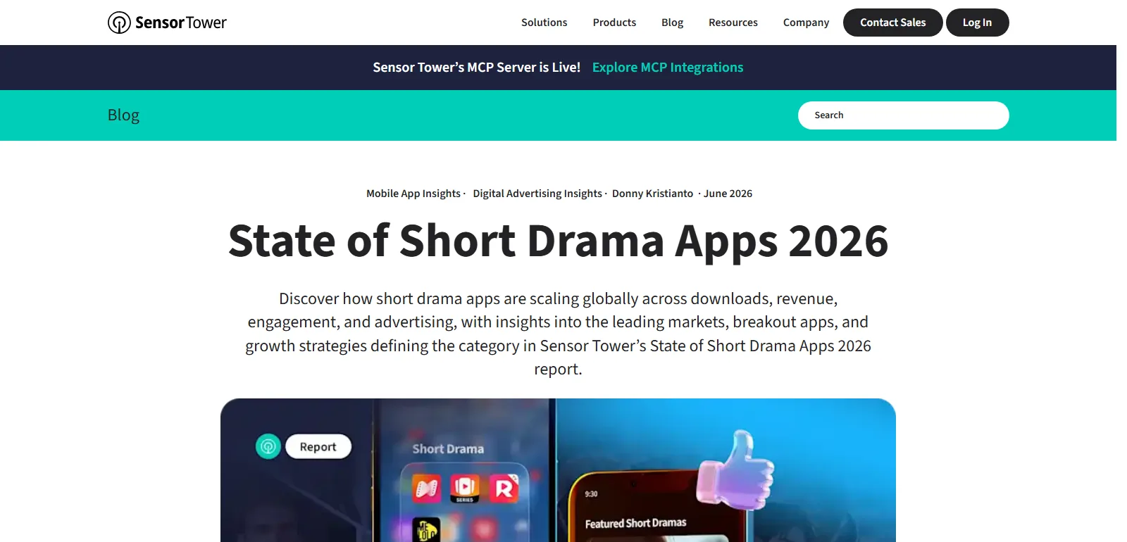 The Sensor Tower blog page for the State of Short Drama Apps 2026 report, June 2026, by Donny Kristianto