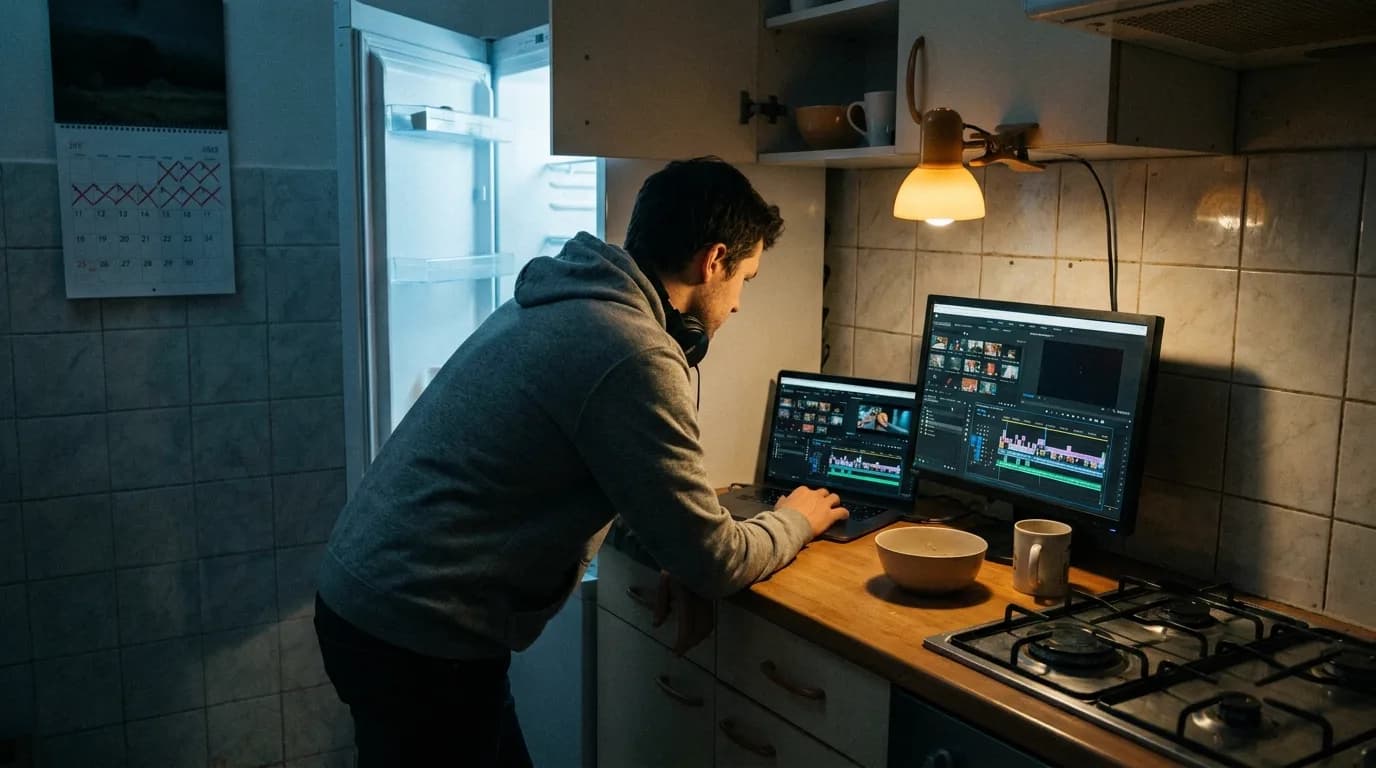 A solo filmmaker's apartment kitchen at 2 a.m. turned into an edit bay, laptop and second monitor on the counter showing a timeline of generated shots, a wall calendar with seven days crossed out in red marker, cold fridge light against a warm desk lamp, cinematic still