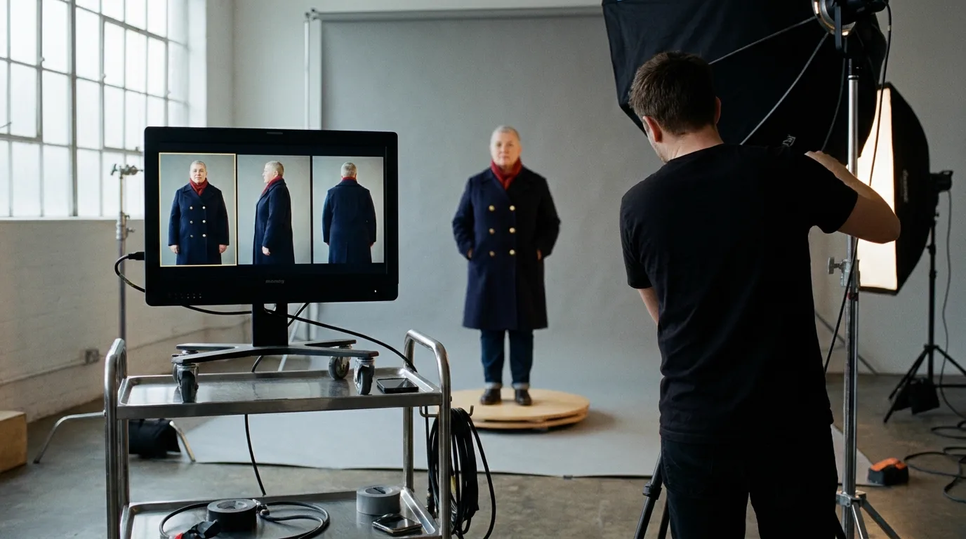 A turnaround photo session on a grey cyclorama in a daylight studio, an actor in a navy railway coat standing on a slowly rotating turntable while a tethered monitor in the foreground shows her front, profile and back frames side by side, cinematic still