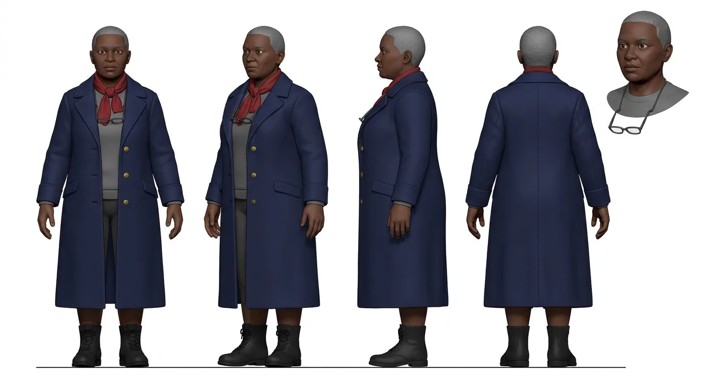 A generated character reference sheet showing a heavy-set woman in her fifties in a navy railway coat and red scarf from the front, three-quarter, profile and back at the same scale, with a separate close-up of her head, in a plain previs style on white