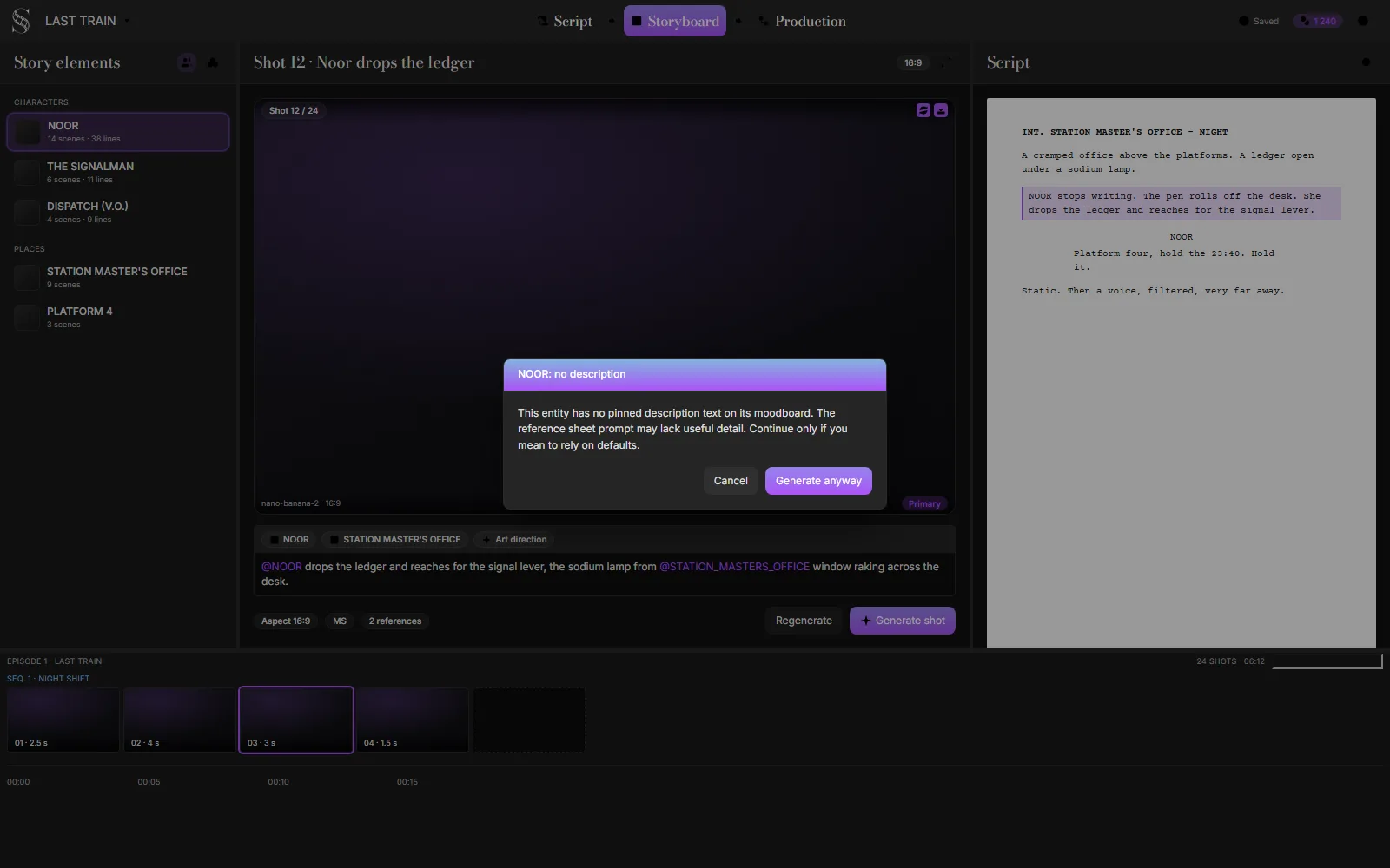 The ScreenWeaver Storyboard tab with the character NOOR selected in the story elements panel and a dialog titled NOOR: no description, warning that the entity has no pinned description text on its moodboard, with Cancel and Generate anyway buttons