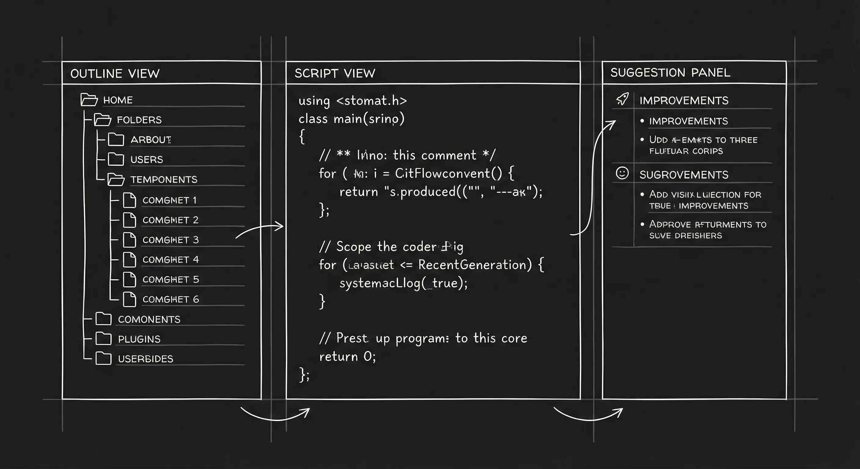 Drei Tool-Oberflächen: Outline, Drehbuch, Vorschlagsfenster; technische Skizze im Dark Mode