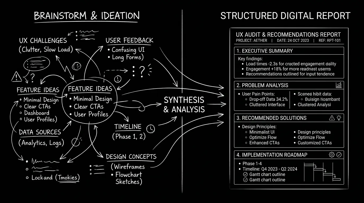 A split view showing intuitive flow on one side and structured analysis on the other; dark mode technical sketch, thin white lines on black background