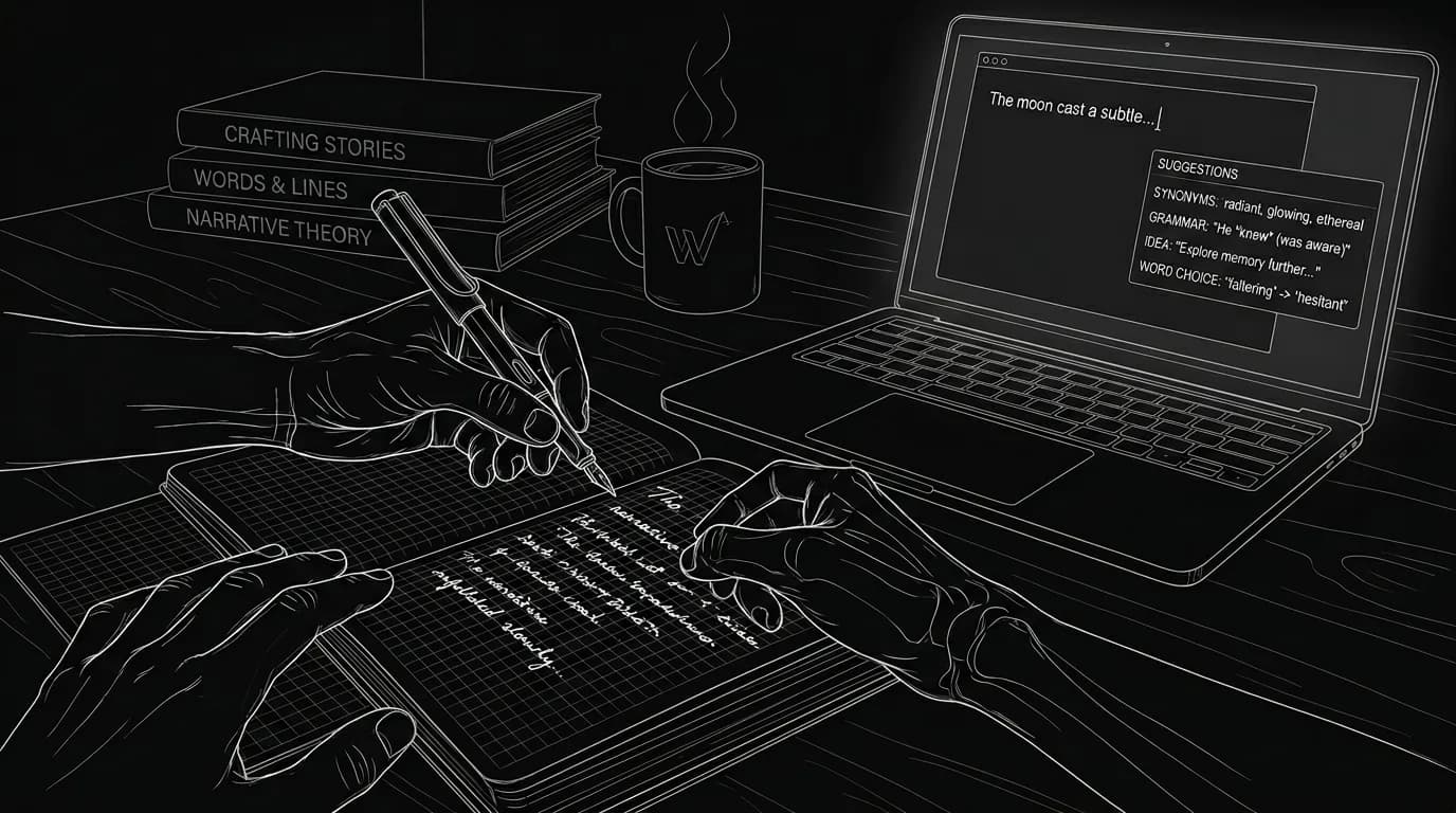Writer reviewing a scene with both handwritten notes and digital suggestions; dark mode technical sketch, thin white lines, black background