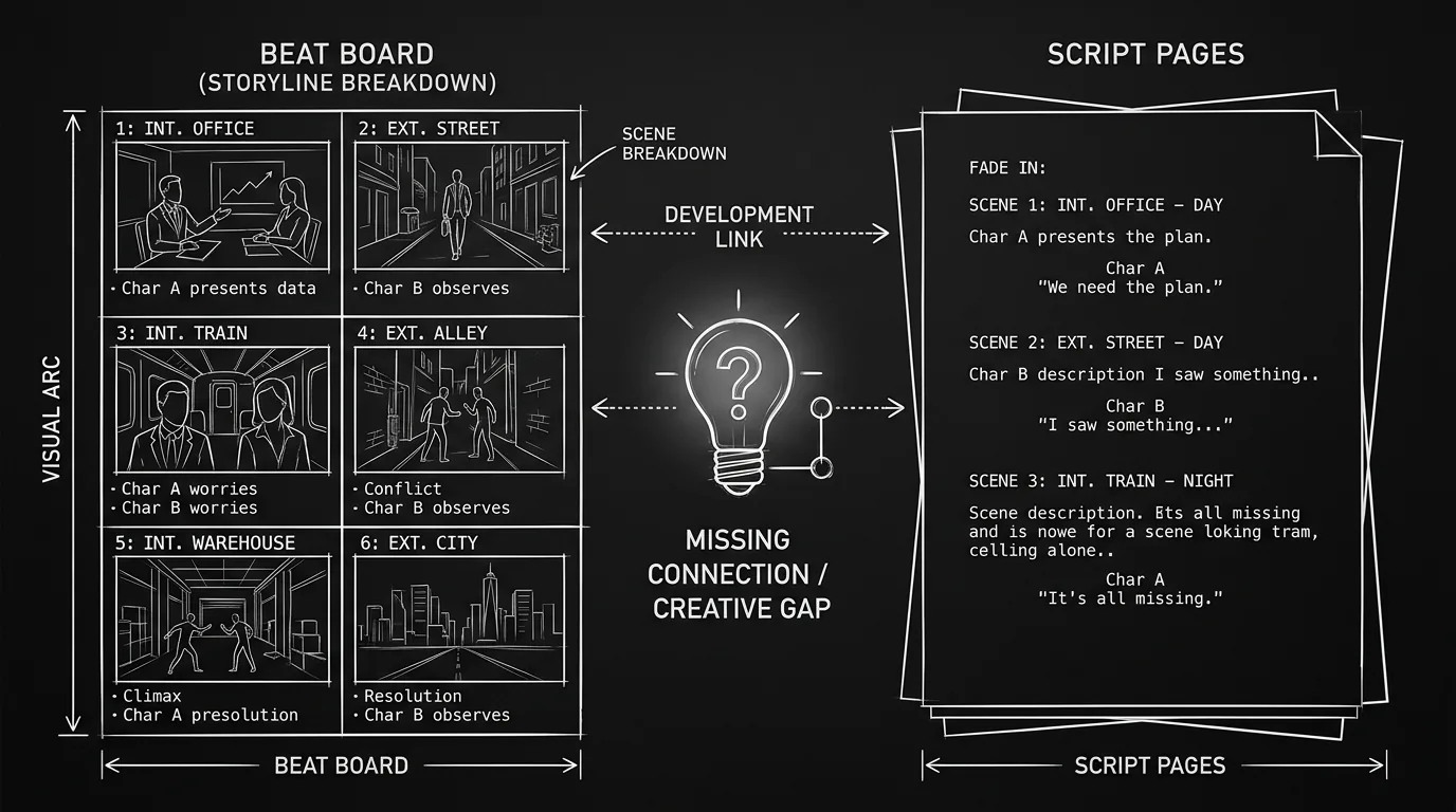 Dark mode technical sketch: beat board and script with gap; creative-assist symbol; thin white lines on black