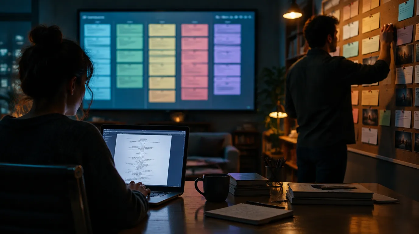 A writers' room at night, a woman typing a screenplay on a laptop while a man pins index cards and photos to a corkboard wall, a large screen behind them showing a color-coded outline