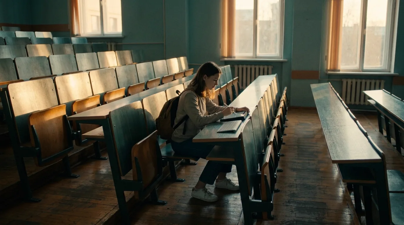 A single student writing on a tablet at a long wooden bench desk in an emptying university lecture hall, late afternoon sun raking through tall windows, cinematic still