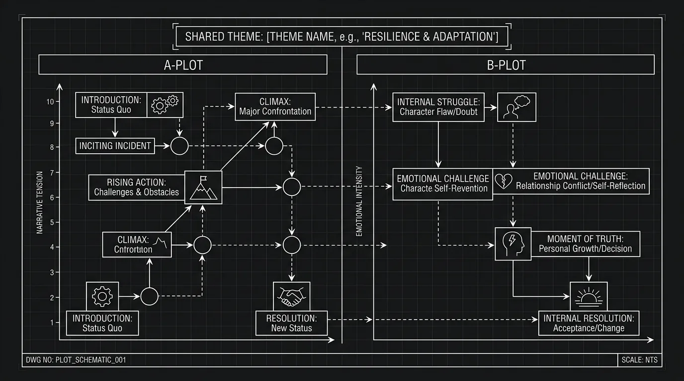 A-plot and B-plot sharing one theme; dark mode technical sketch