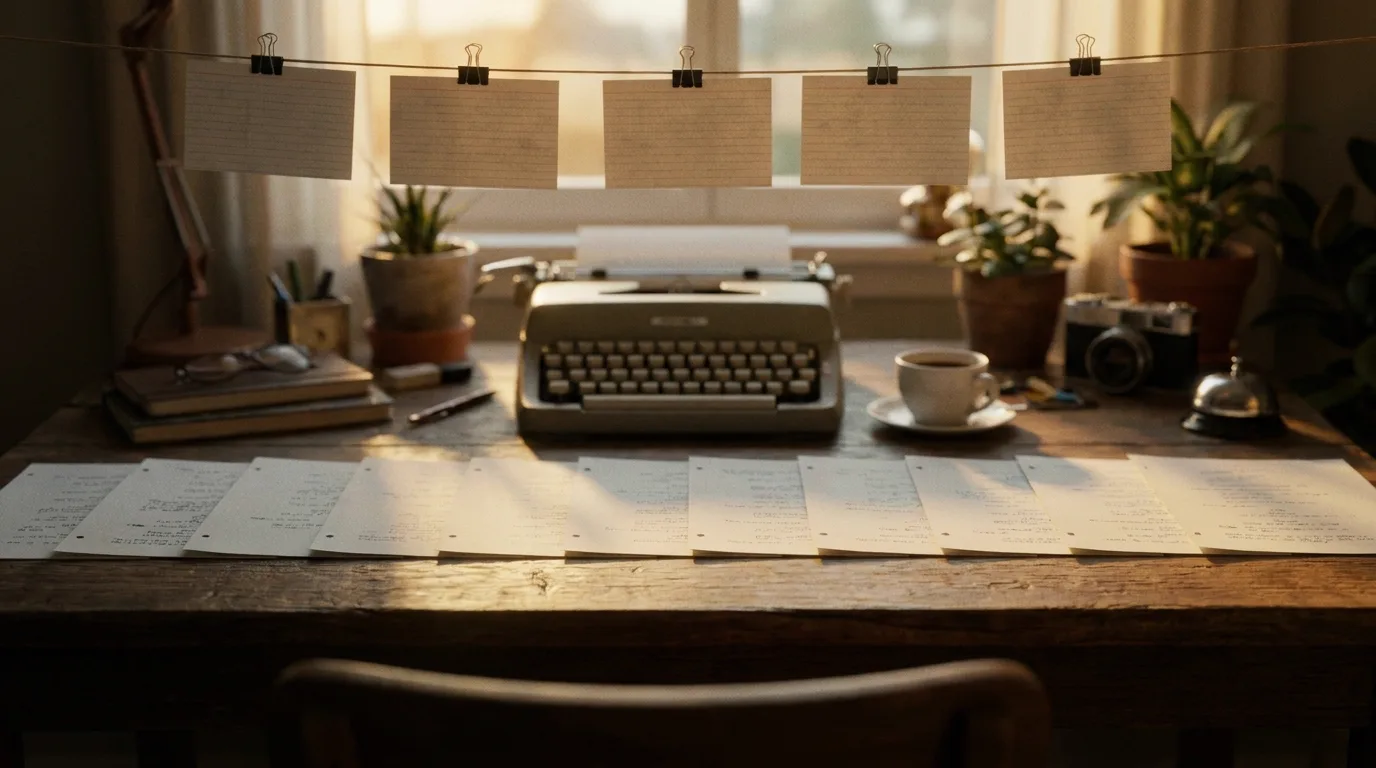 A writer's desk at dawn with a ten-page short film script laid out in a single row, five index cards clipped above it, warm window light, cinematic still