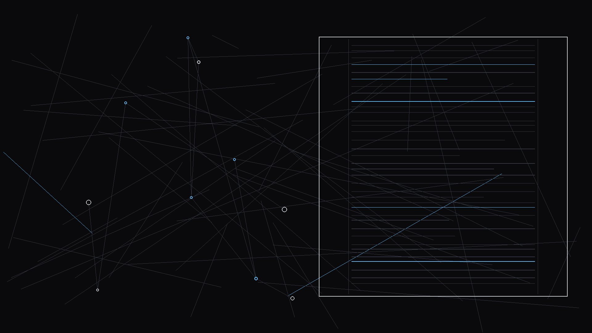 A script excerpt showing time indicator in scene heading; dark mode technical sketch, thin white lines on black background