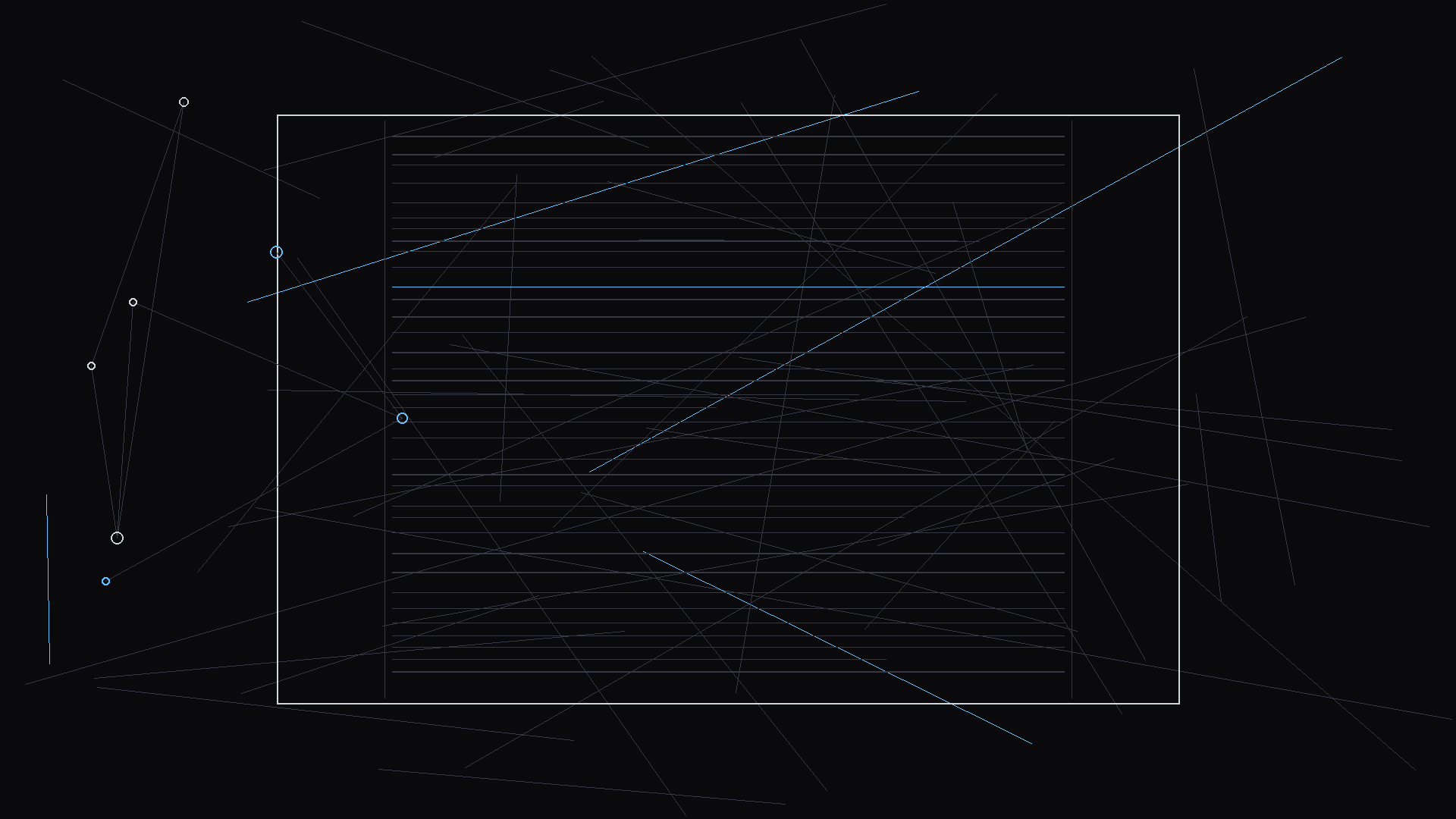 Dark mode technical sketch: script showing visual contrast between character states; thin white lines on black